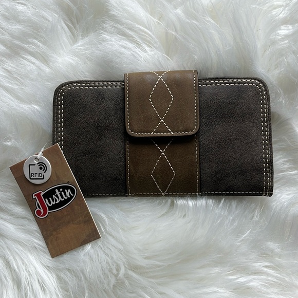 🆕 Justin Boots Ladies Wallet RFID Two-Tone Brown Zipper Magnetic Closure - Picture 1 of 8